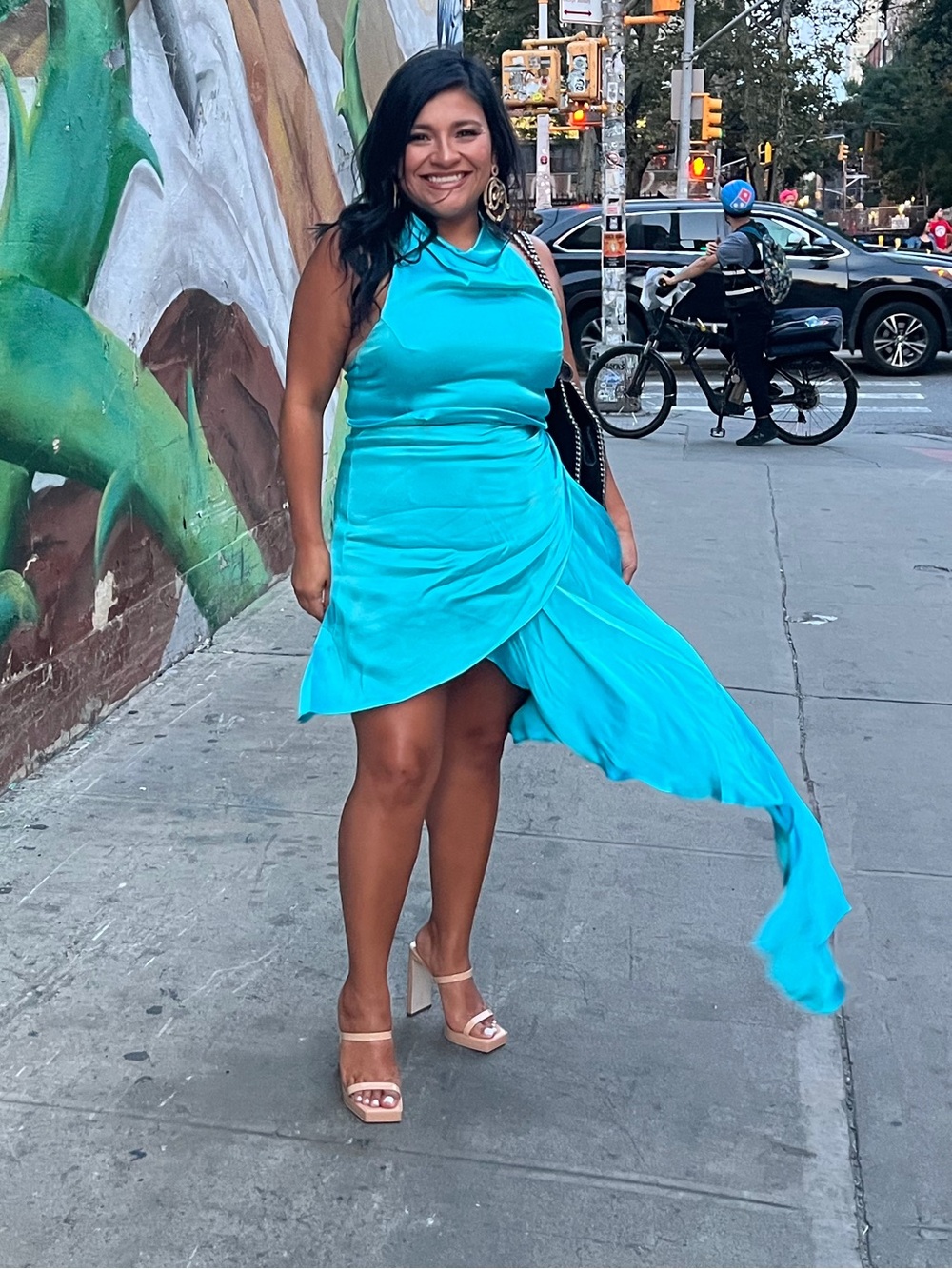 Elliatt Teal Satin Asymmetrical Cowl Dress